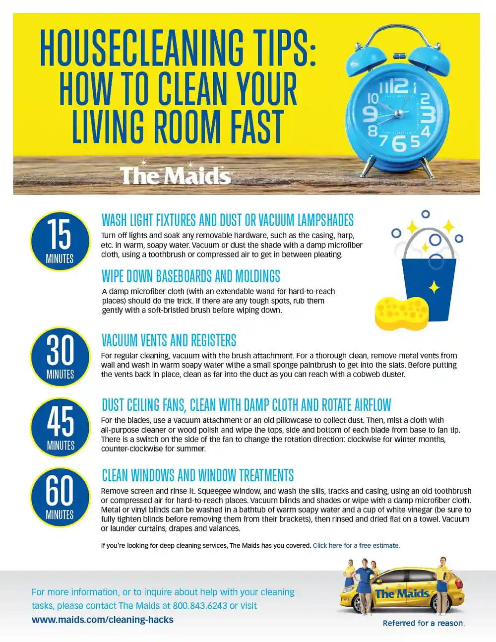 Living room cleaning infographic with 15, 30, 45 and 60 minute tasks for fixtures, vents, fans and windows