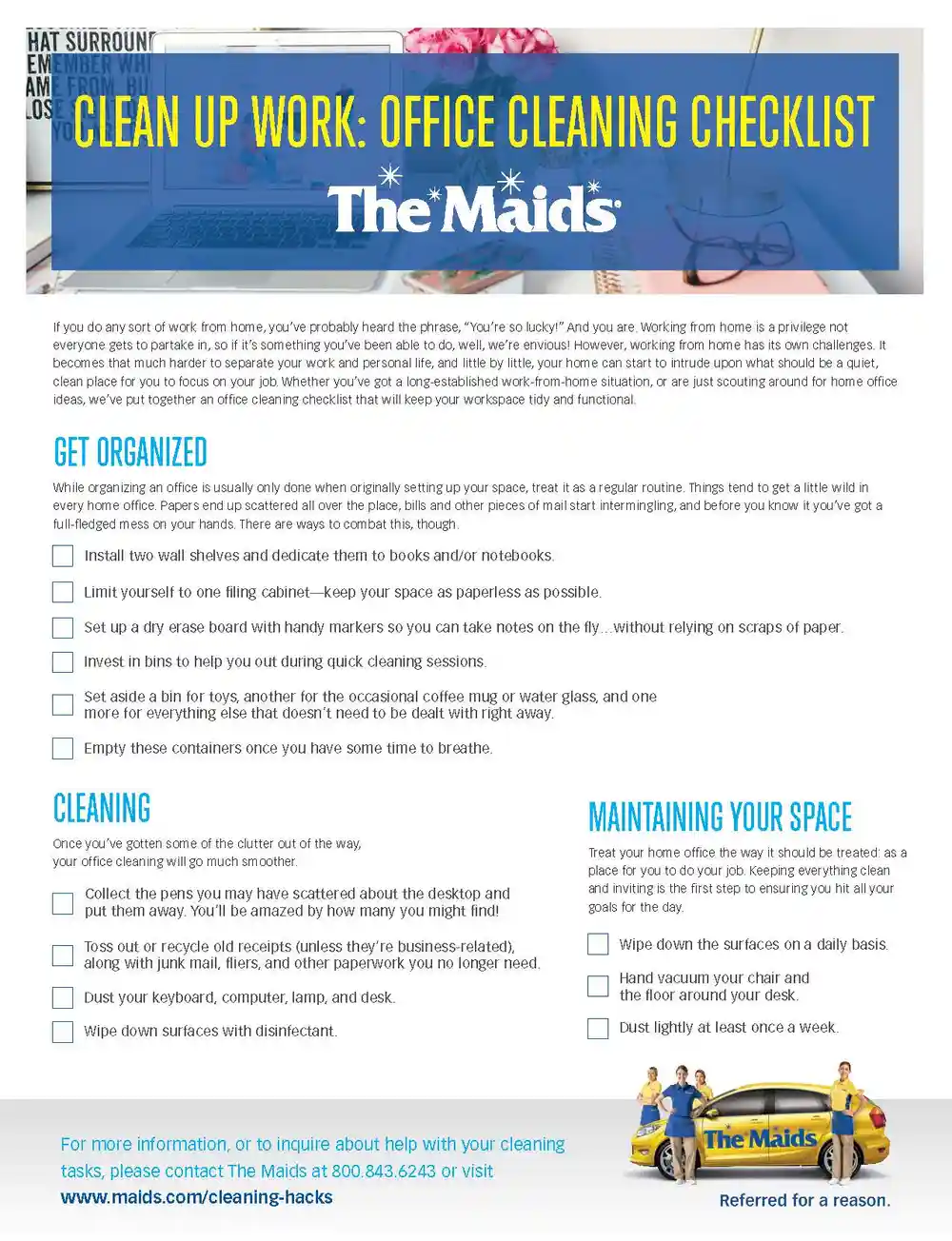 Printable home office cleaning checklist covering decluttering, cleaning, organizing and routine workspace maintenance