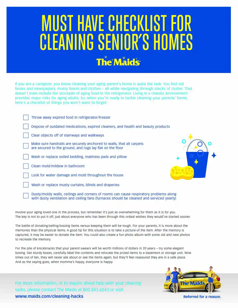Senior home cleaning checklist infographic with decluttering tasks, safety checks and home maintenance tips