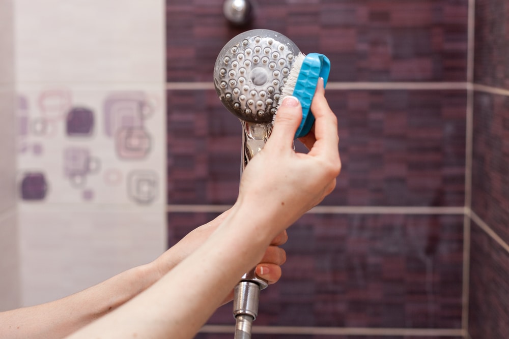 women is cleaning a shower head