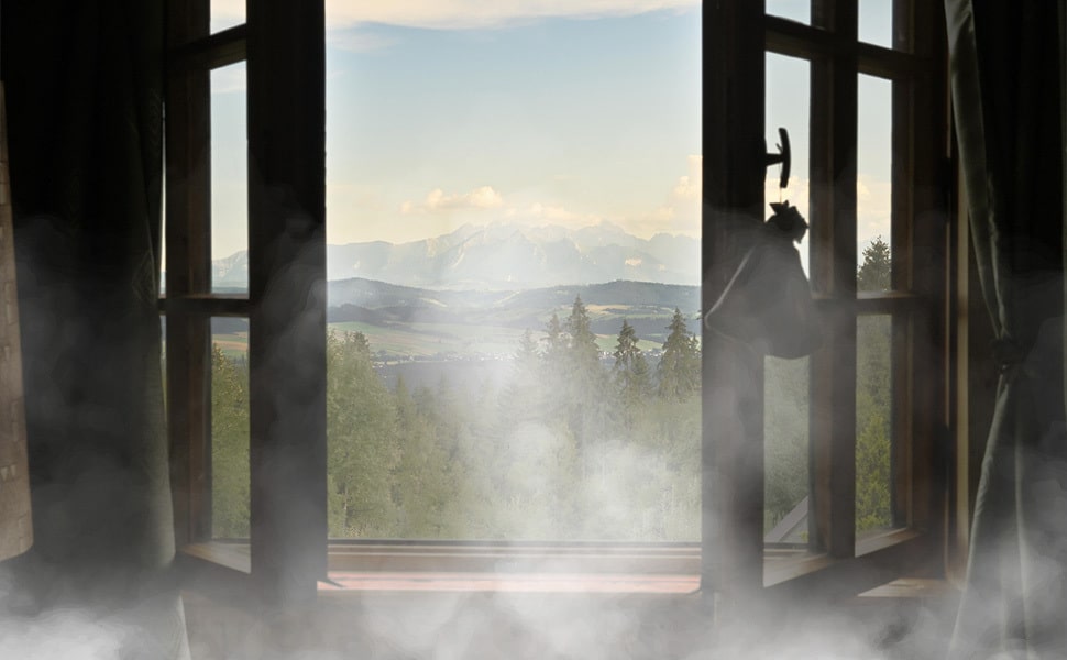 House overlooking mountains and forest with smoke coming out the window