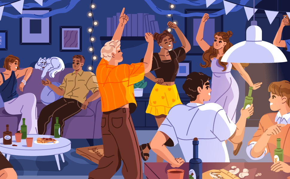People dancing, talking, and drinking at a party